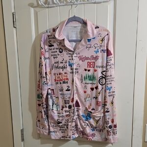Taylor Swift Songs Themes Pink Graphic Button-Up Shirt Pajamas Lounger Large